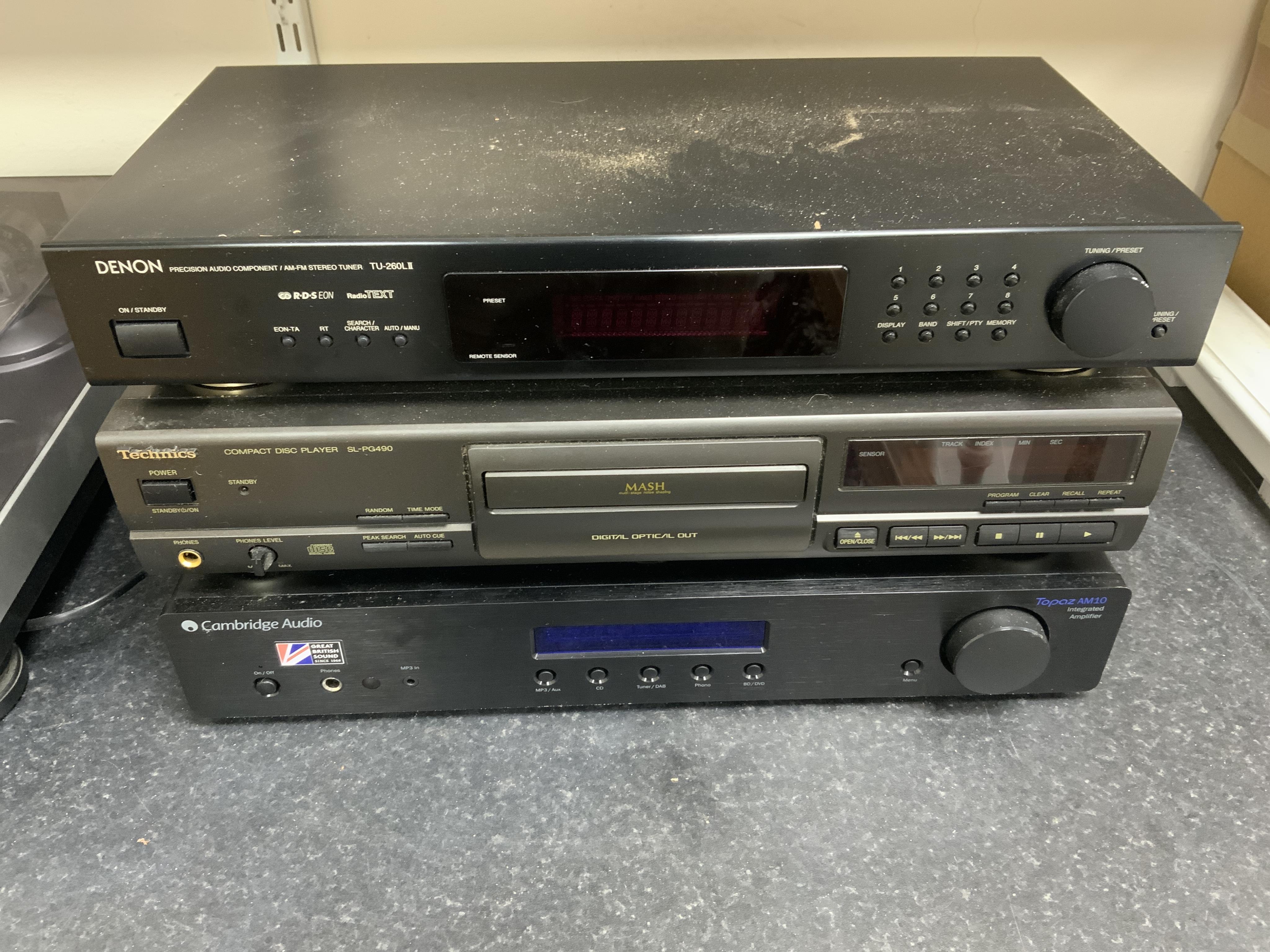 A collection of hi-fi audio equipment including; a Stanton STR8-30 direct drive turntable, a Denon tuner, Technics CD player, Cambridge Audio AM10 amplifier and a pair of B&W 500 Series speakers, together with some cable